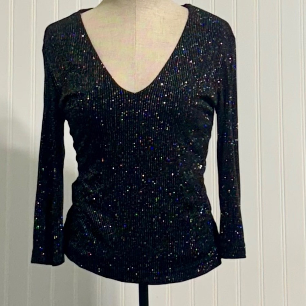 Vintage SELF ESTEEM Y2K Multi Color Rainbow Glitter V-Neck Top Black M Grunge